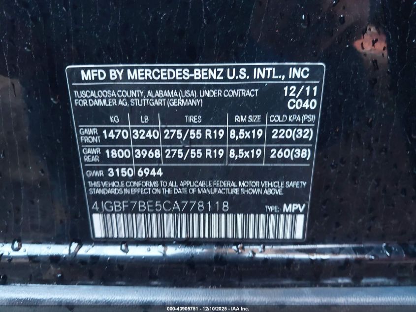 2012 Mercedes-Benz Gl 450 4Matic VIN: 4JGBF7BE5CA778118 Lot: 43905751