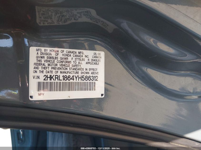 2000 Honda Odyssey Ex VIN: 2HKRL1864YH586312 Lot: 43905753