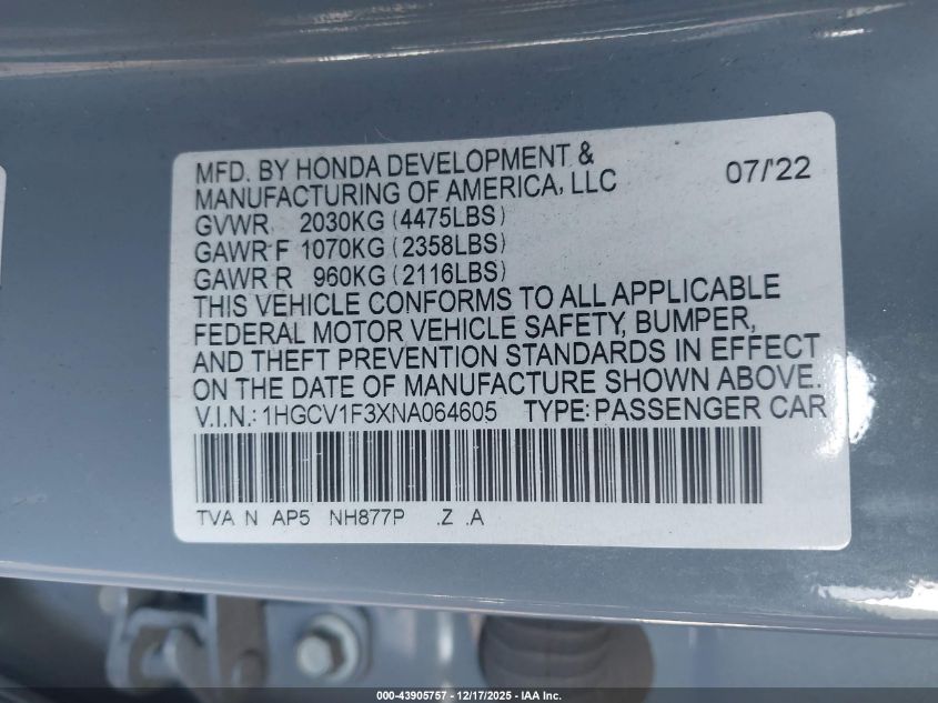 2022 Honda Accord Sport VIN: 1HGCV1F3XNA064605 Lot: 43905757