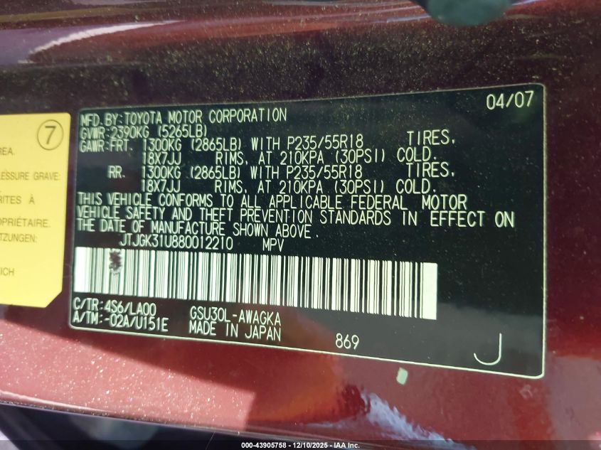 2008 Lexus Rx 350 VIN: JTJGK31U880012210 Lot: 43905758