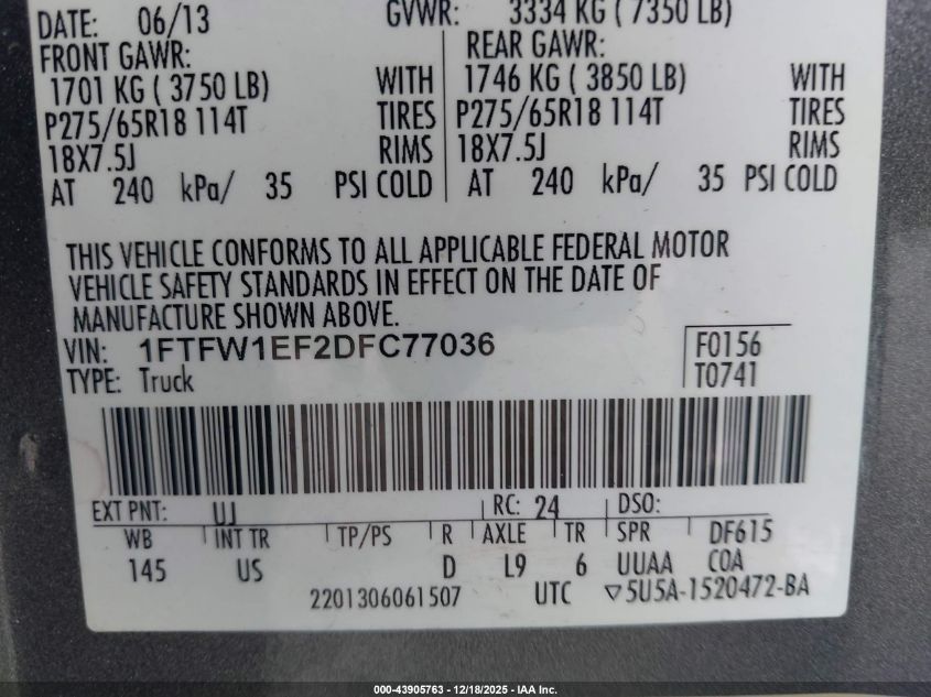 2013 Ford F-150 Xlt VIN: 1FTFW1EF2DFC77036 Lot: 43905763