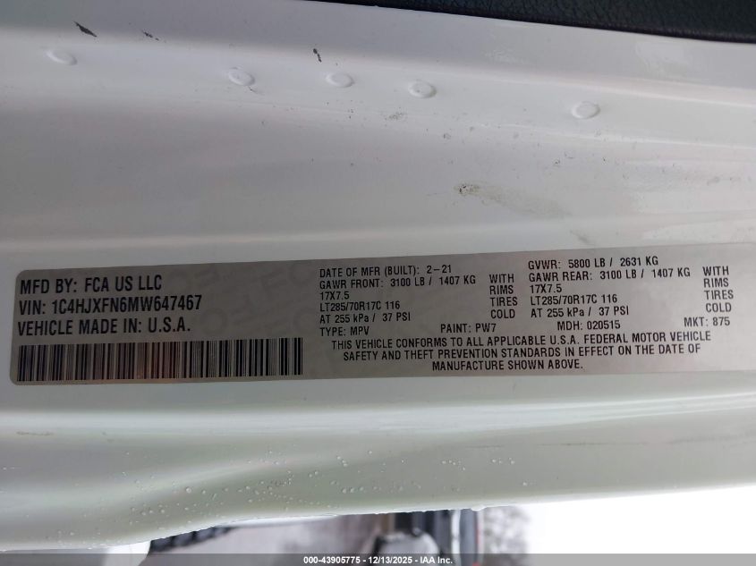 2021 Jeep Wrangler Unlimited Rubicon 4X4 VIN: 1C4HJXFN6MW647467 Lot: 43905775