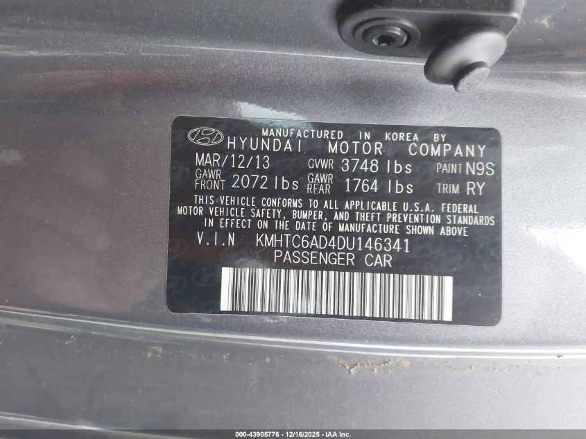 2013 Hyundai Veloster Base W/Black VIN: KMHTC6AD4DU146341 Lot: 43905776