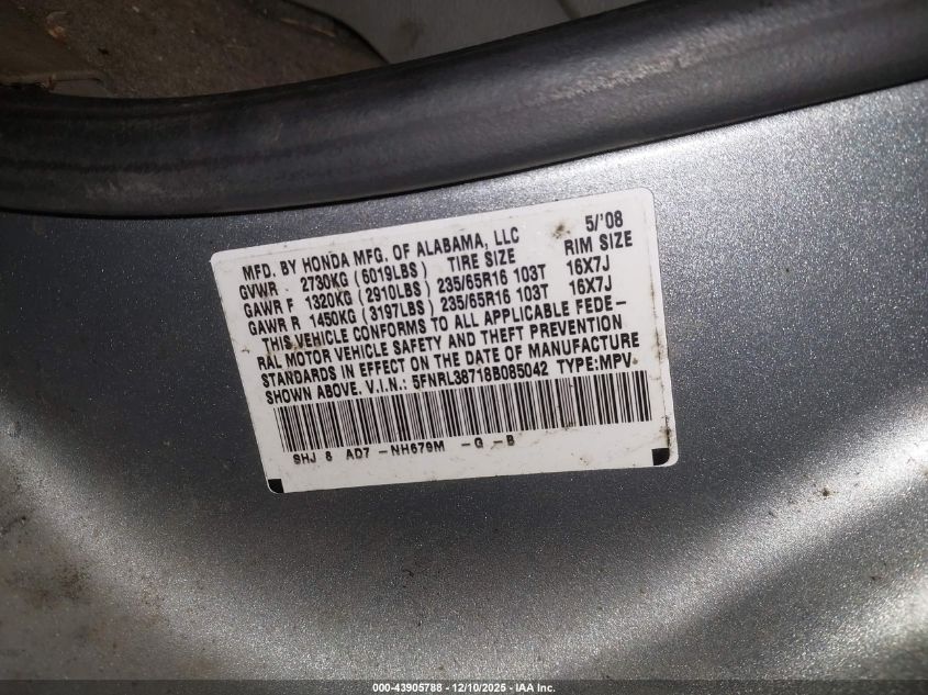 2008 Honda Odyssey Ex-L VIN: 5FNRL38718B085042 Lot: 43905788