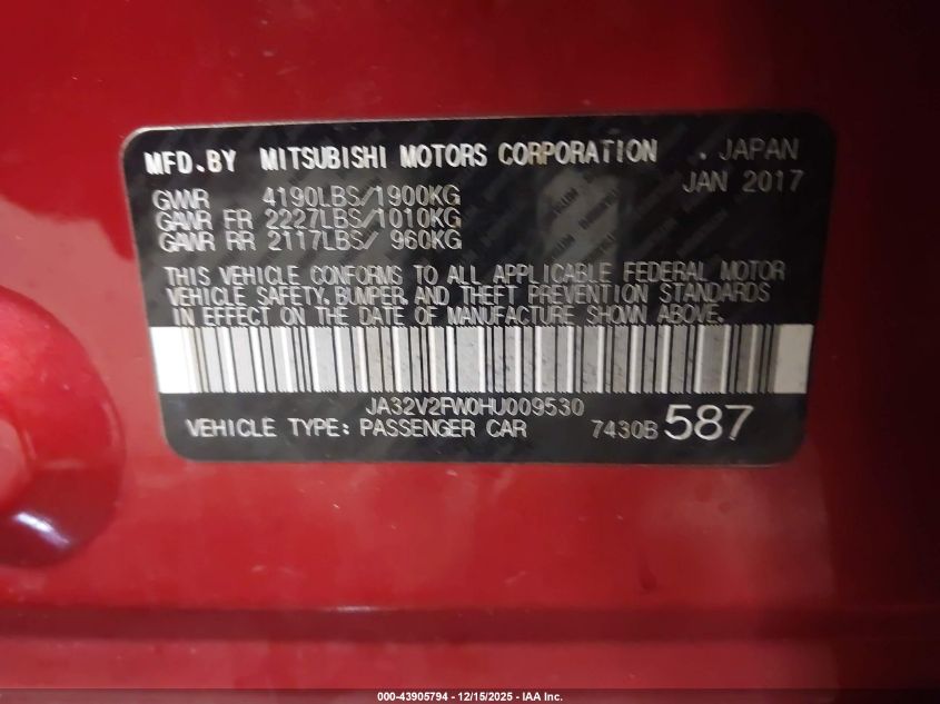 2017 Mitsubishi Lancer Es/Se/Sel VIN: JA32V2FW0HU009530 Lot: 43905794