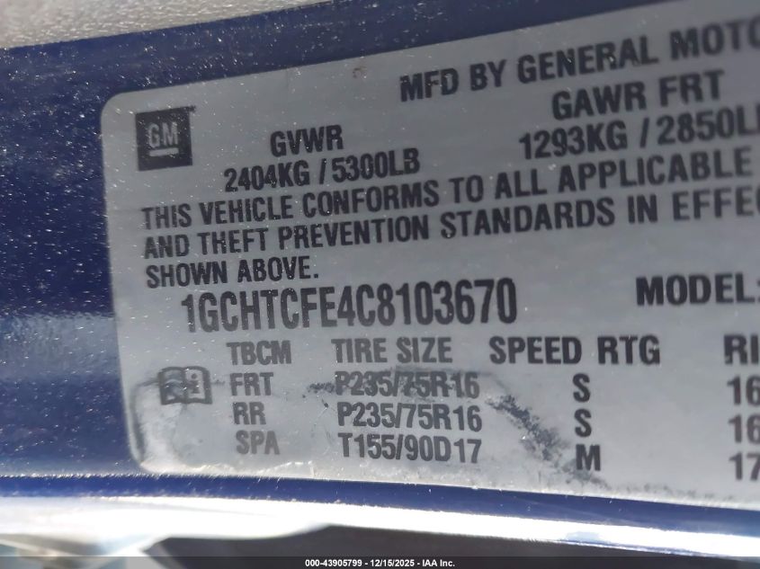 2012 Chevrolet Colorado 1Lt VIN: 1GCHTCFE4C8103670 Lot: 43905799