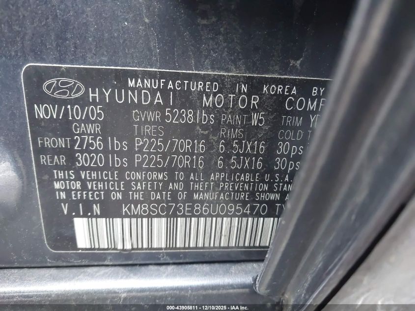 2006 Hyundai Santa Fe Gls/Limited VIN: KM8SC73E86U095470 Lot: 43905811