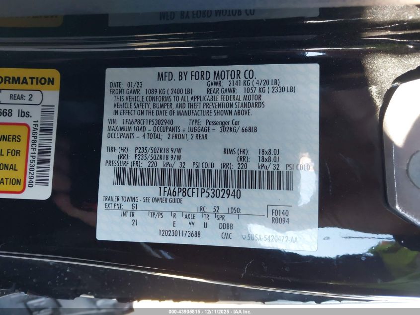 2023 Ford Mustang Gt Fastback VIN: 1FA6P8CF1P5302940 Lot: 43905815