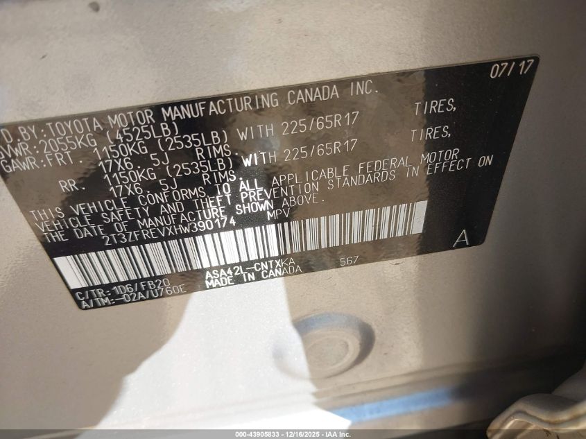 2017 Toyota Rav4 Le VIN: 2T3ZFREVXHW390174 Lot: 43905833