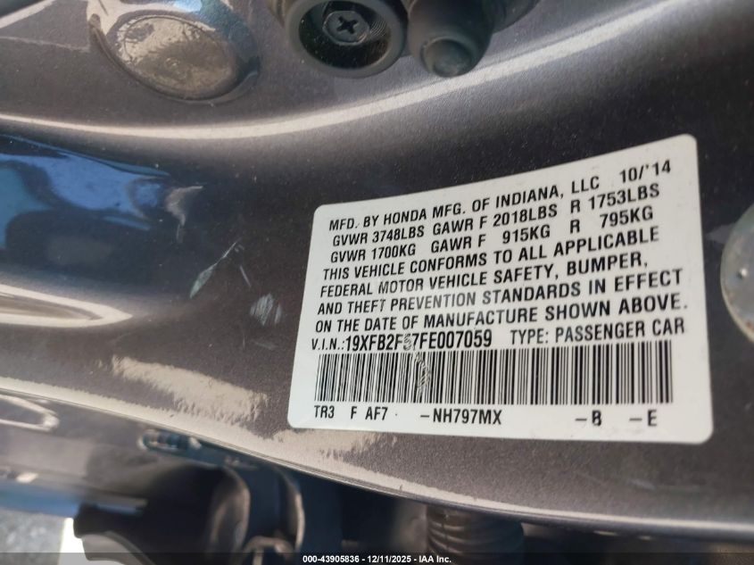 2015 Honda Civic Lx VIN: 19XFB2F57FE007059 Lot: 43905836