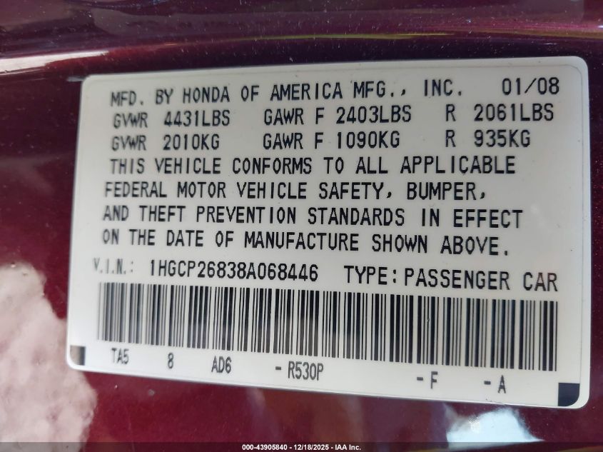 2008 Honda Accord 2.4 Ex-L VIN: 1HGCP26838A068446 Lot: 43905840
