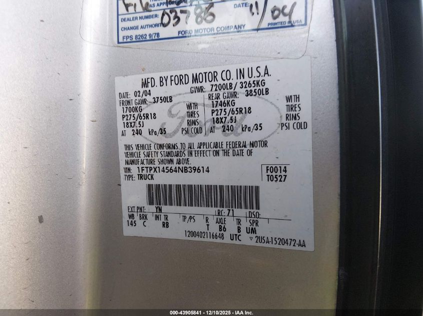 2004 Ford F-150 Fx4/Lariat/Xl/Xlt VIN: 1FTPX14564NB39614 Lot: 43905841
