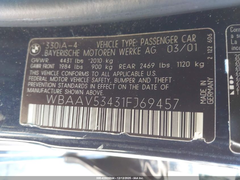 2001 BMW 330 I VIN: WBAAV53431FJ69457 Lot: 43905844