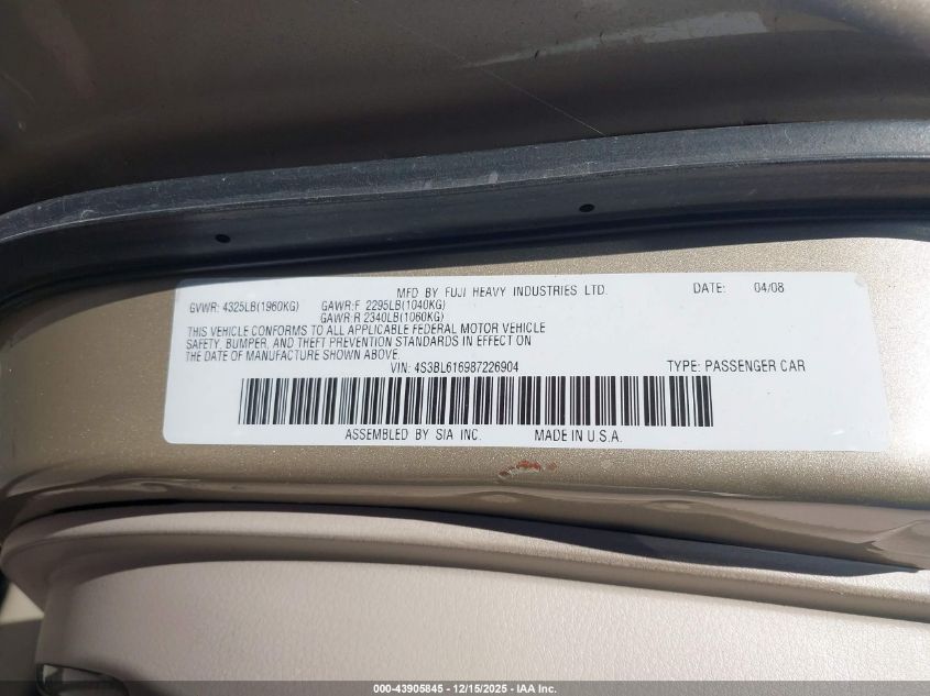 2008 Subaru Legacy 2.5I VIN: 4S3BL616987226904 Lot: 43905845