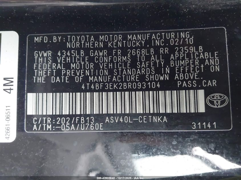 2011 Toyota Camry Le VIN: 4T4BF3EK2BR093104 Lot: 43905848