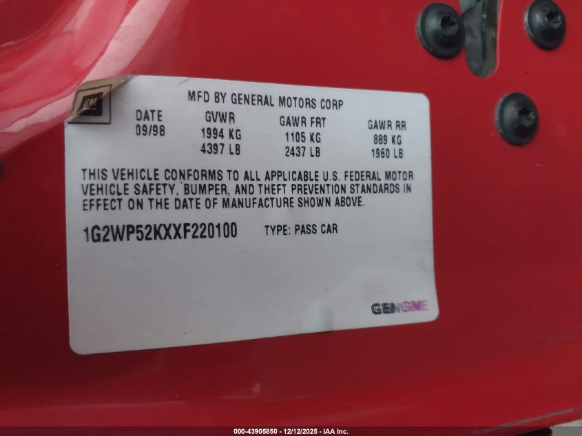 1999 Pontiac Grand Prix Gt VIN: 1G2WP52KXXF220100 Lot: 43905850