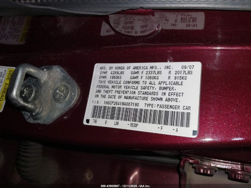2008 Honda Accord 2.4 Lx-P VIN: 1HGCP26418A007190 Lot: 43905867