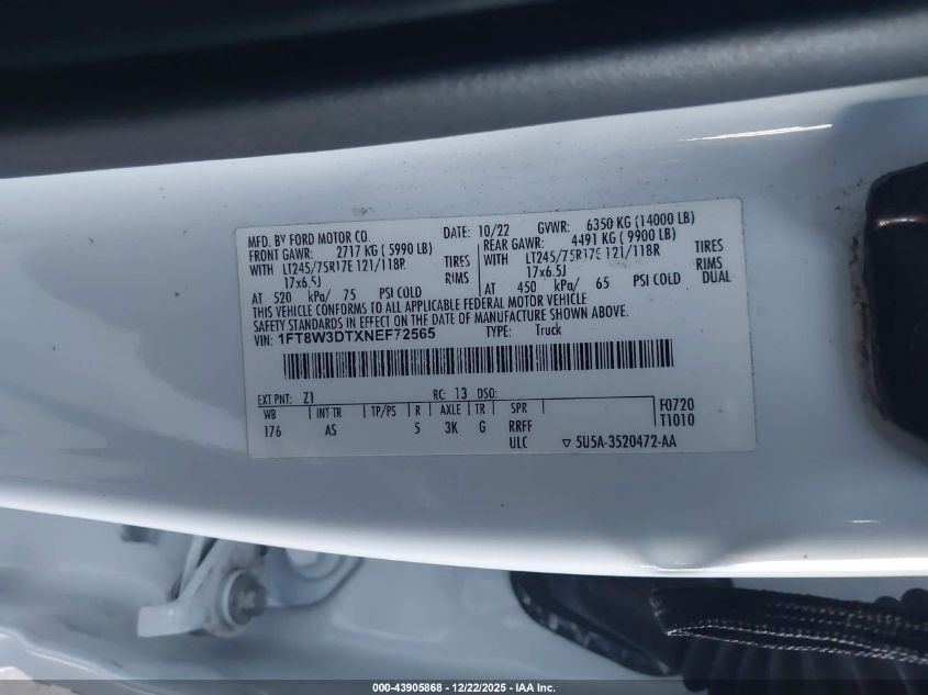 2022 Ford F-350 Xl VIN: 1FT8W3DTXNEF72565 Lot: 43905868