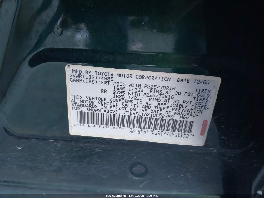 2001 Toyota Highlander V6 VIN: JTEHF21AX10002789 Lot: 43905875