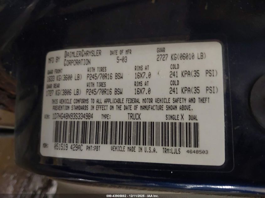 2003 Dodge Dakota Slt VIN: 1D7HG48N93S334984 Lot: 43905882