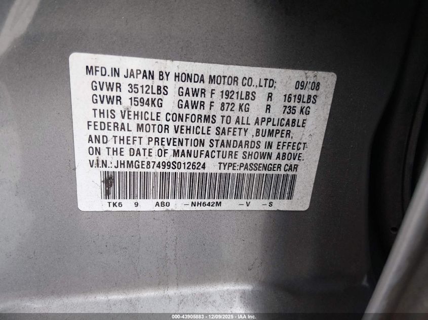 2009 Honda Fit Sport VIN: JHMGE87499S012624 Lot: 43905883