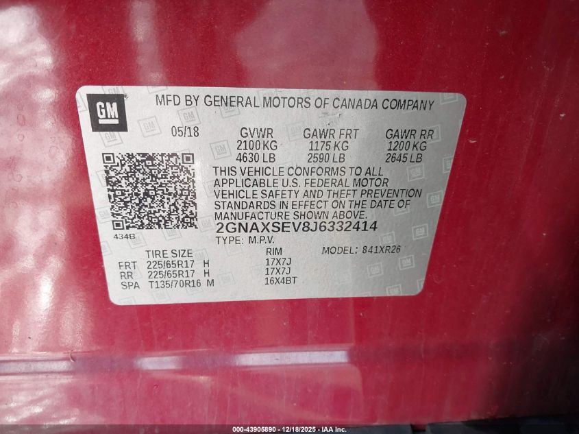 2018 Chevrolet Equinox Lt VIN: 2GNAXSEV8J6332414 Lot: 43905890