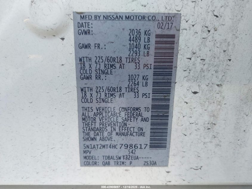 2017 Nissan Rogue Sl VIN: 5N1AT2MT4HC798617 Lot: 43905897