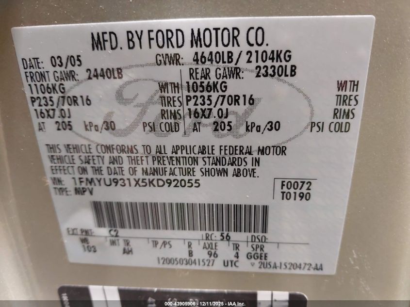 2005 Ford Escape Xlt VIN: 1FMYU931X5KD92055 Lot: 43905906