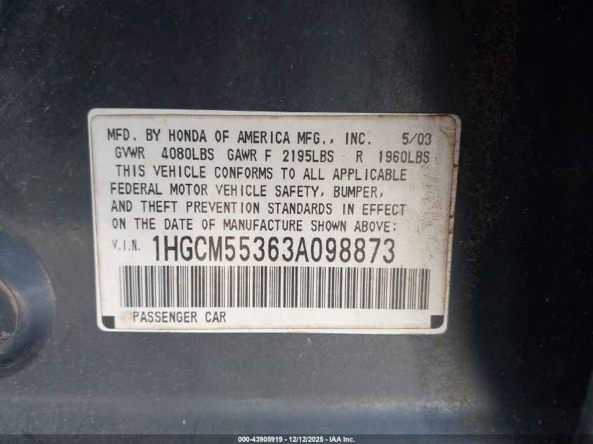 2003 Honda Accord 2.4 Lx VIN: 1HGCM55363A098873 Lot: 43905919