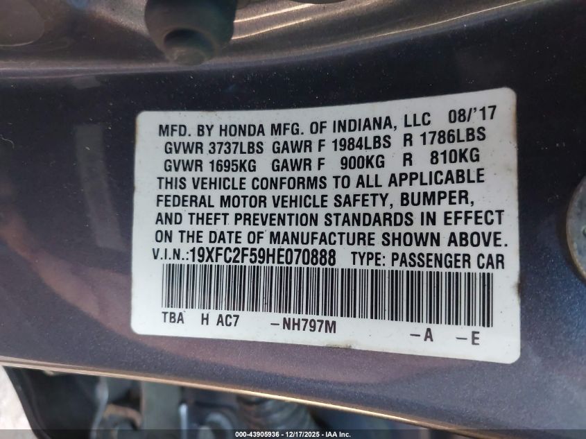 2017 Honda Civic Lx VIN: 19XFC2F59HE070888 Lot: 43905936