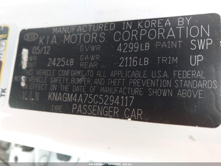 2012 Kia Optima Lx VIN: KNAGM4A75C5294117 Lot: 43905947