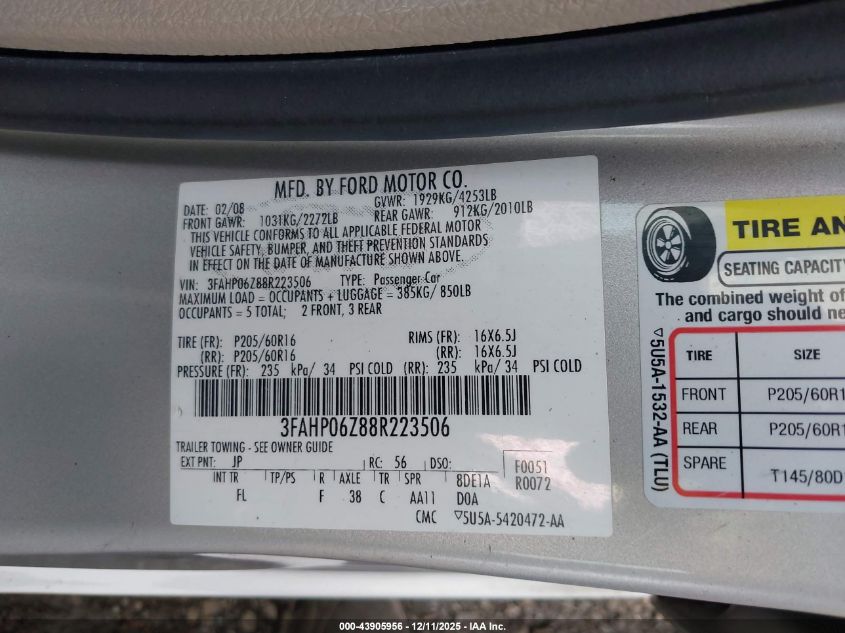 2008 Ford Fusion S VIN: 3FAHP06Z88R223506 Lot: 43905956