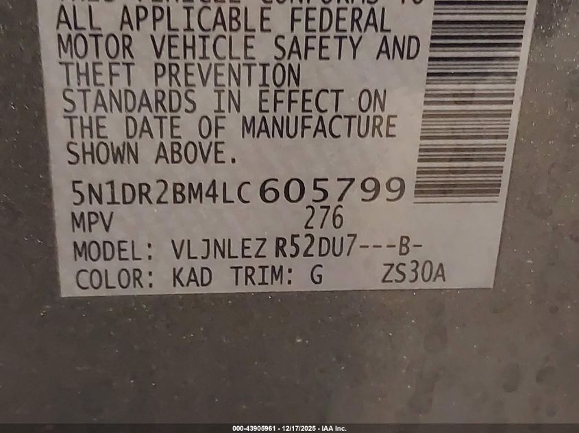 2020 Nissan Pathfinder Sv 4Wd VIN: 5N1DR2BM4LC605799 Lot: 43905961