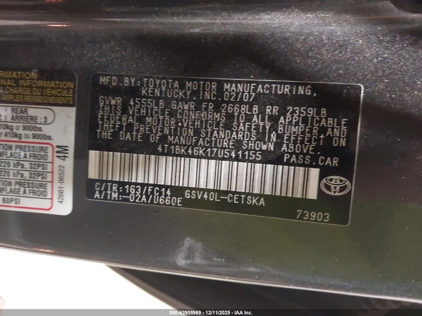 2007 Toyota Camry Se V6 VIN: 4T1BK46K17U541155 Lot: 43905969