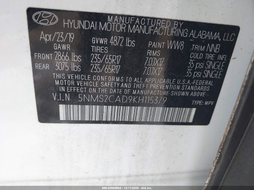 2019 Hyundai Santa Fe Se VIN: 5NMS2CAD9KH115379 Lot: 43905984