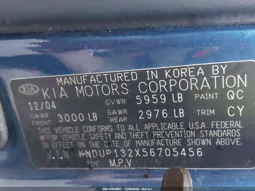 2005 Kia Sedona Ex/Lx VIN: KNDUP132X56705456 Lot: 43905987