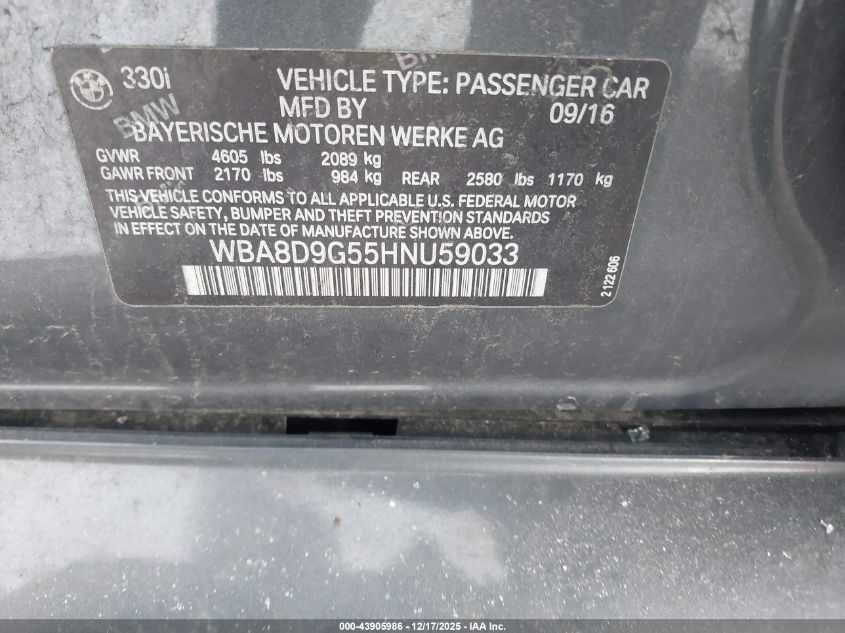 2017 BMW 330I xDrive VIN: WBA8D9G55HNU59033 Lot: 43905986