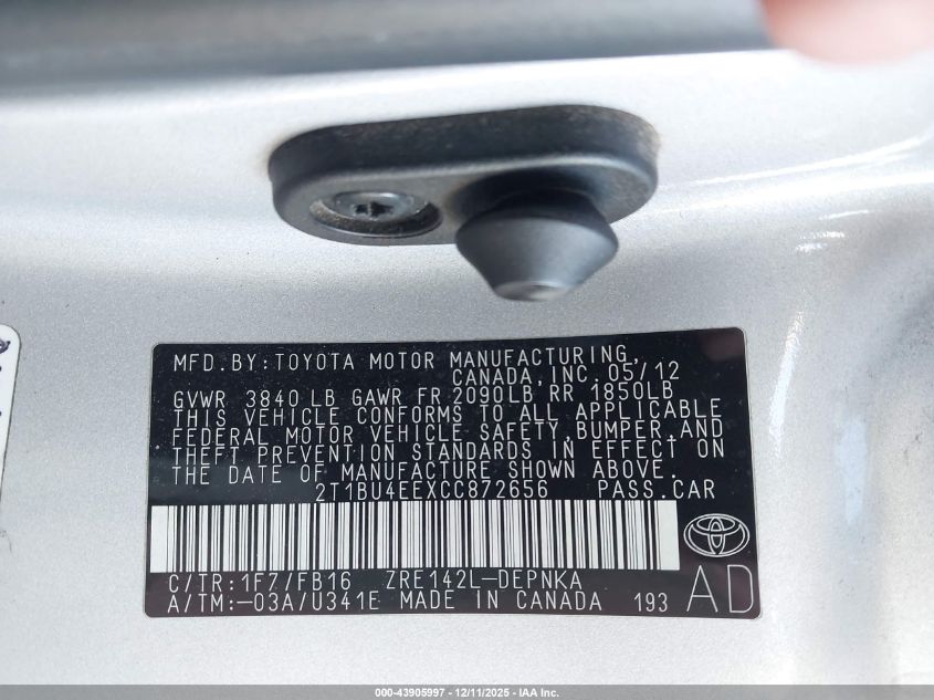 2012 Toyota Corolla Le VIN: 2T1BU4EEXCC872656 Lot: 43905997