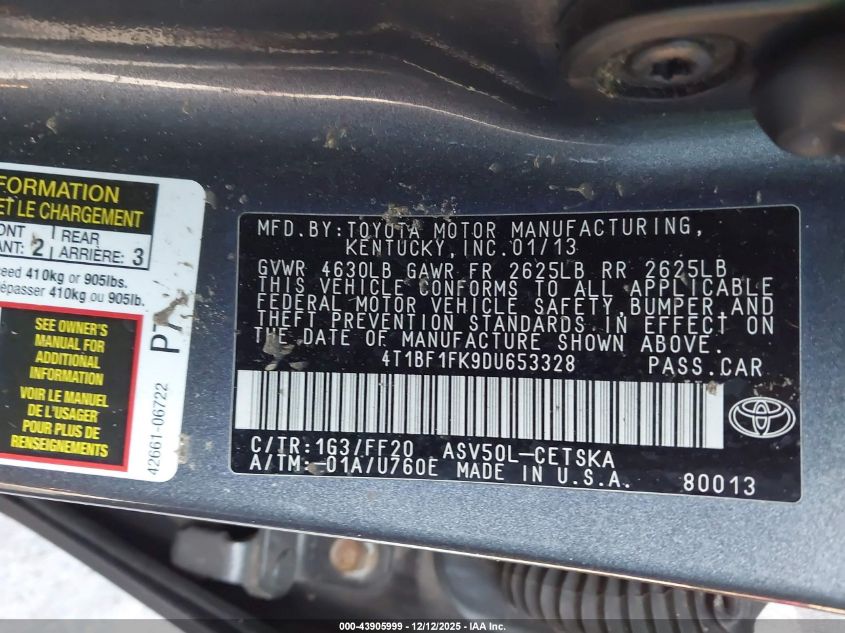2013 Toyota Camry Se VIN: 4T1BF1FK9DU653328 Lot: 43905999