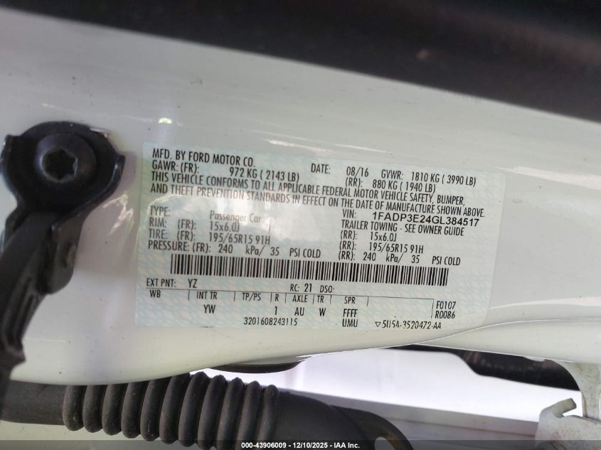 2016 Ford Focus S VIN: 1FADP3E24GL384517 Lot: 43906009