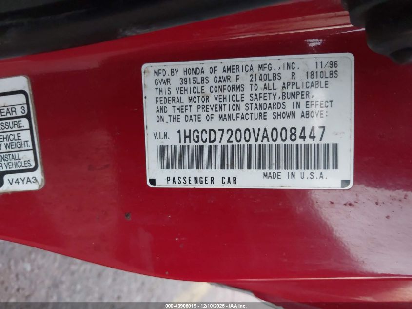 1997 Honda Accord Se VIN: 1HGCD7200VA008447 Lot: 43906019