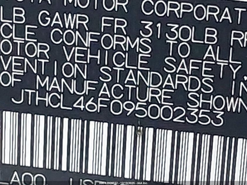 2009 Lexus Ls 460 VIN: JTHCL46F095002353 Lot: 43906022