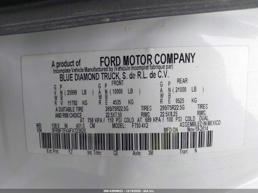 2015 Ford F-750 Xl/Xlt VIN: 3FRNF7FK4FV723620 Lot: 43906023