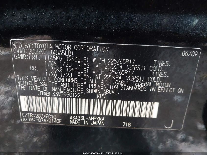 2009 Toyota Rav4 VIN: JTMBF33V595012211 Lot: 43906026