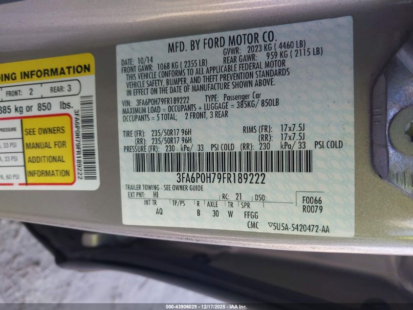 2015 Ford Fusion Se VIN: 3FA6P0H79FR189222 Lot: 43906029