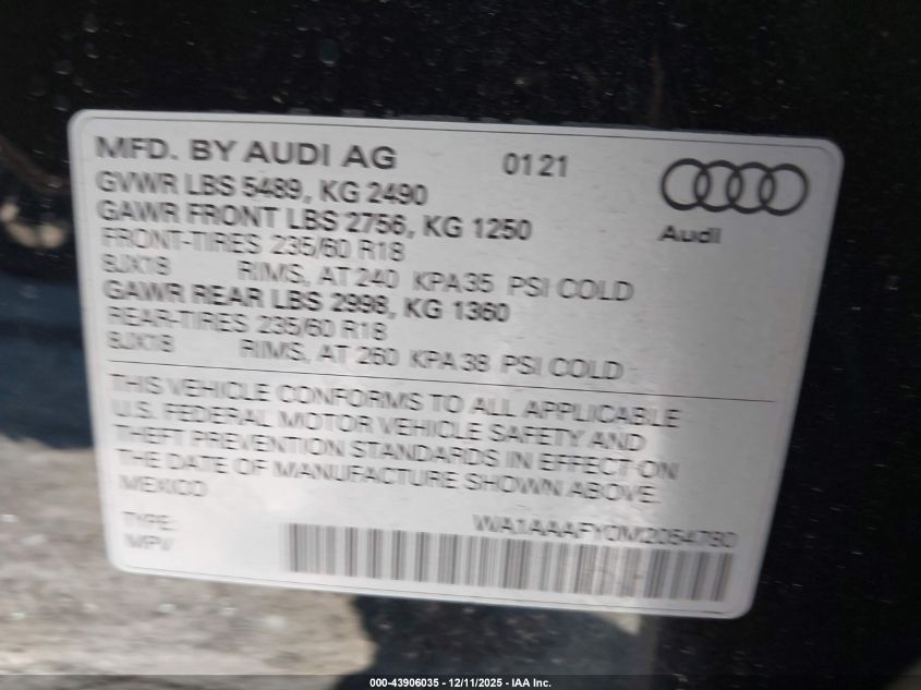 2021 Audi Q5 Premium 45 Tfsi Quattro S Tronic VIN: WA1AAAFY0M2054780 Lot: 43906035