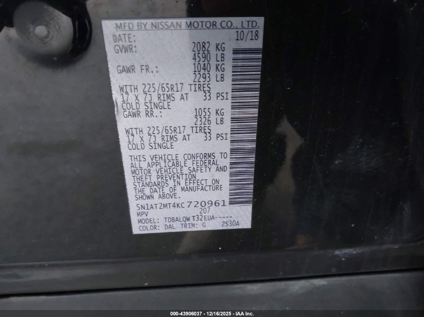 2019 Nissan Rogue Sv VIN: 5N1AT2MT4KC720961 Lot: 43906037