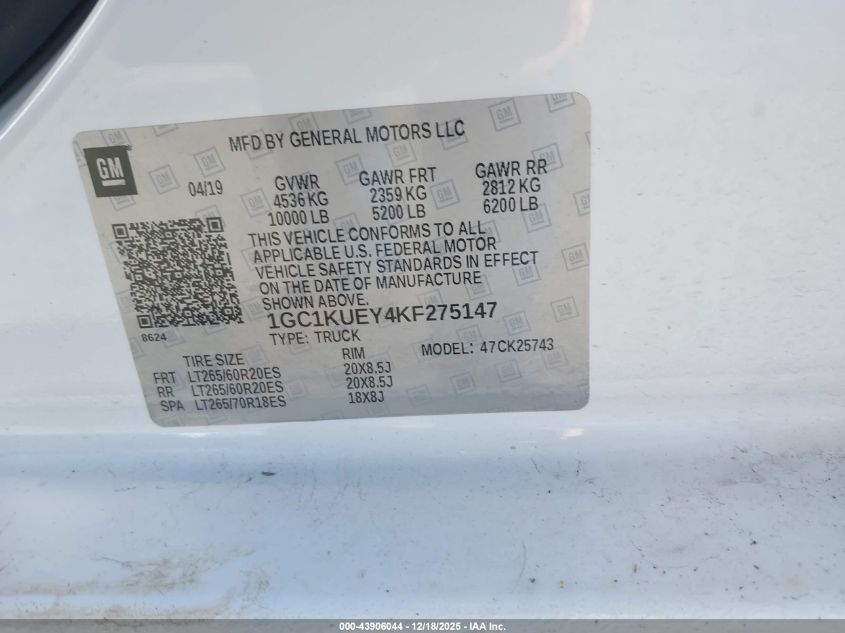 2019 Chevrolet Silverado 2500Hd High Country VIN: 1GC1KUEY4KF275147 Lot: 43906044