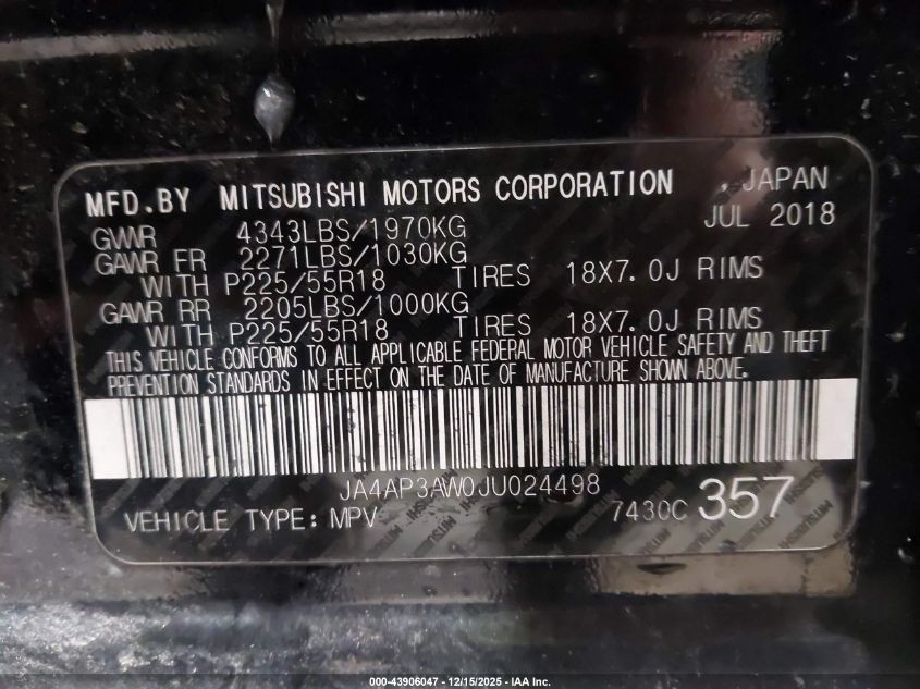 2018 Mitsubishi Outlander Sport 2.4 Se VIN: JA4AP3AW0JU024498 Lot: 43906047
