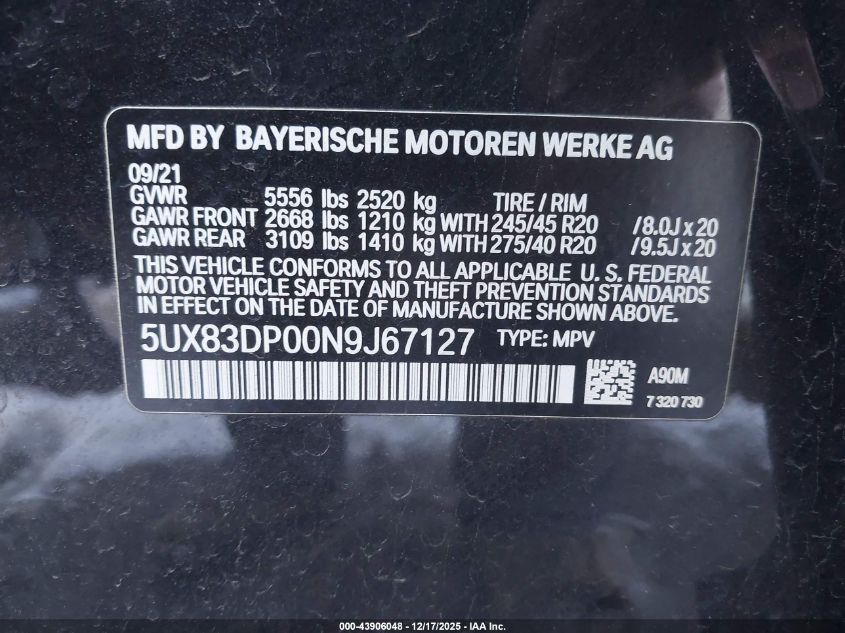 2022 BMW X3 M40I VIN: 5UX83DP00N9J67127 Lot: 43906048